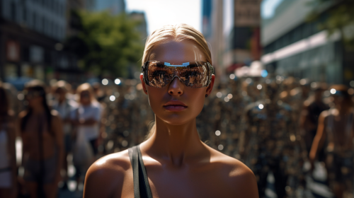 Stunning Glass Statue with Androids Marching Downtown