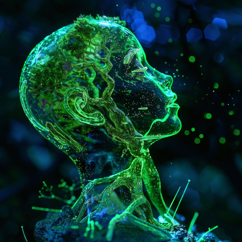 Glass tree roots on neon landscape