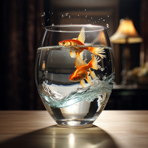 Glass water with canary and goldfish on table Glass water with canary and goldfish on table