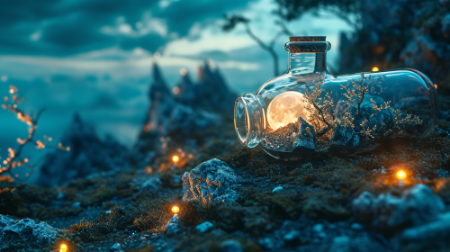 Glowing moon in bottle with fairy lights