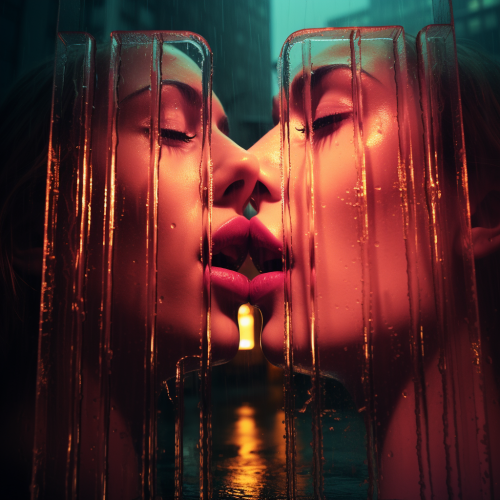 Glowing neon lips on architectural backdrop