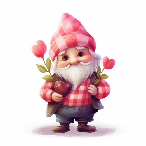 Cartoon gnome holding a heart-shaped strawberry