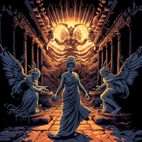 Gnostic Divine Sophia slaying Demiurge amidst human whirlwind