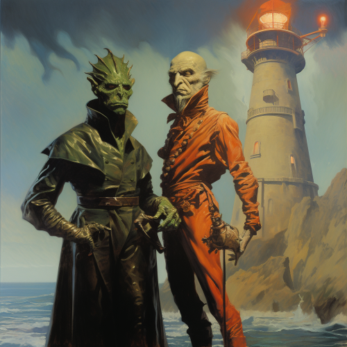 Goblin Artificier and Lizardman wearing Karate Outfit in front of a Dark Lighthouse