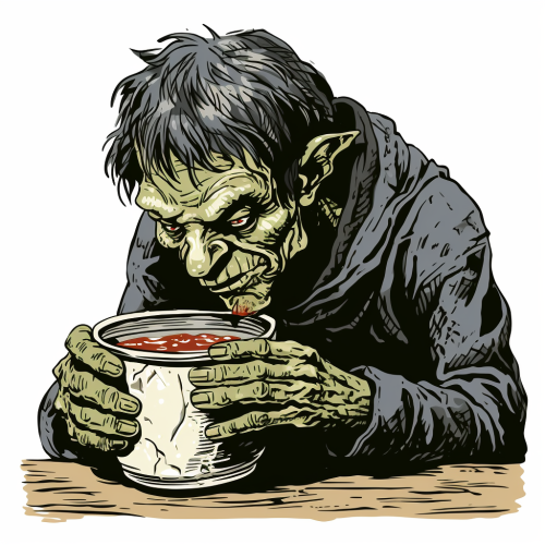 Goblin enjoying soup from a can