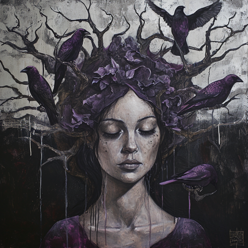 Primitivist painting of goddess with birds Primitivist painting of goddess with birds