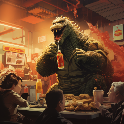 Godzilla enjoying his McDonald's meal