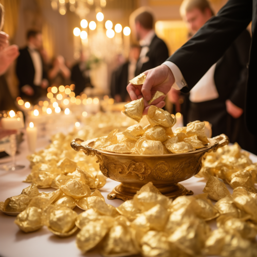 Exquisite gold dumplings on a table in a British celebration Exquisite gold dumplings on a table in a British celebration