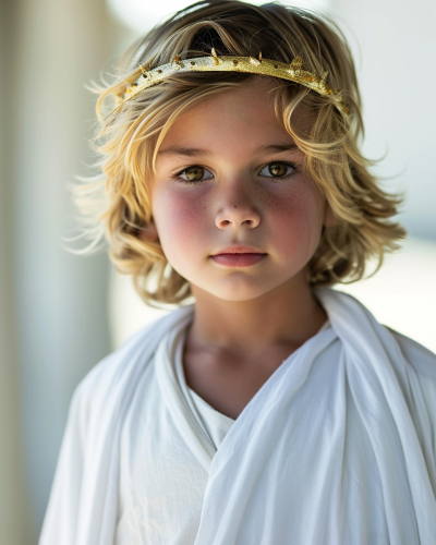 Young boy with a gold halo headband