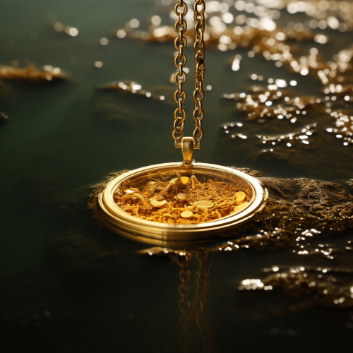 Glimmering gold necklace submerged in lake's depths Glimmering gold necklace submerged in lake's depths