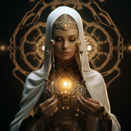 Golden Female Futuristic Doctor with Runic Embroideries Golden Female Futuristic Doctor with Runic Embroideries