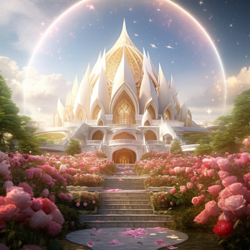 Golden goddess in temple entrance surrounded by roses