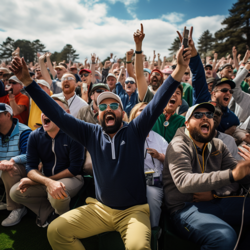Excited golf fans cheering together