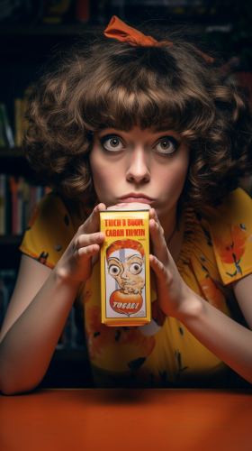 Woman with Bewildered Eyes and Orange Juice Carton