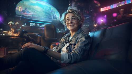 Curvaceous woman in videogame room