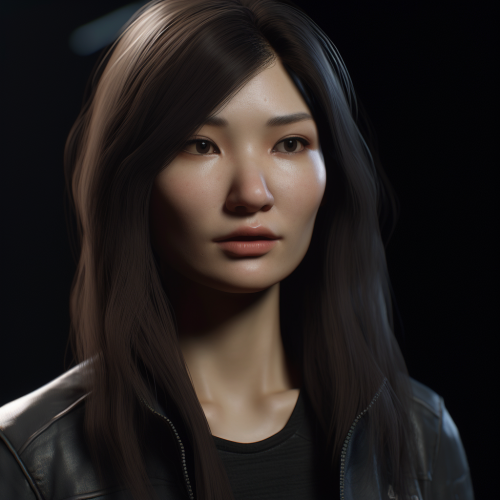 Close-up of Goth Gemma Chan in Black Agent Gear