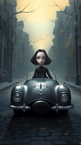 Creepy Batmobile driving through Gotham City street