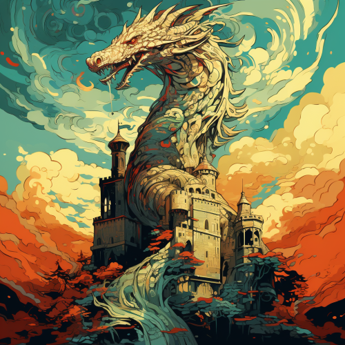 Gothic dragon on medieval tower in valley Gothic dragon on medieval tower in valley