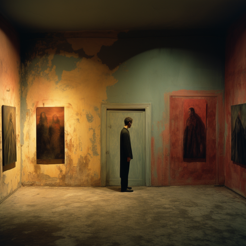 Dark gothic-style nightmare paintings in a softly lit room