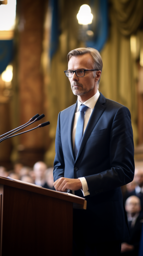 Swedish head of government giving speech Swedish head of government giving speech