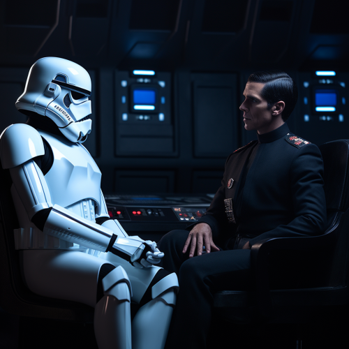 Grand Admiral Thrawn talking to Finn the Stormtrooper on Star Destroyer