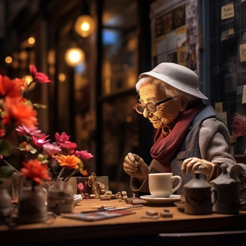 Grandmother laughing in a coffee shop surrounded by flowers