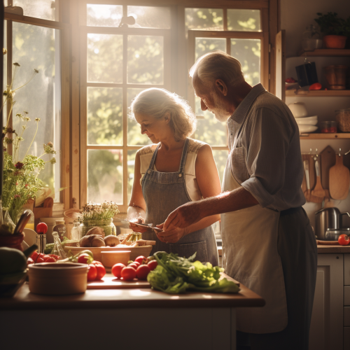 Grandparents cooking in kitchen with natural light Grandparents cooking in kitchen with natural light