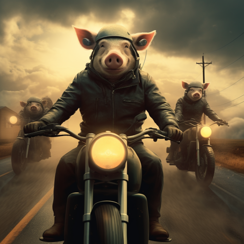 Pigs riding motorbikes through stormy weather