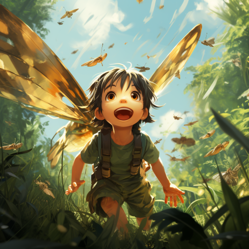 9-year-old boy catching jumping grasshoppers