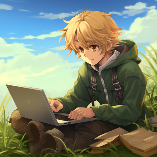 Anime PC gamer in grass