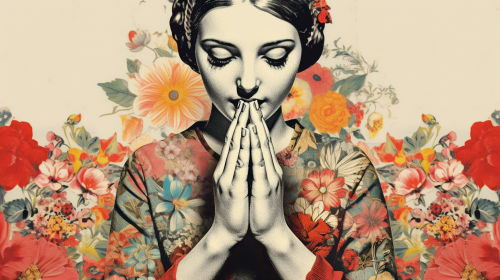 Gratefulness collage with folded hands, lines, and dots