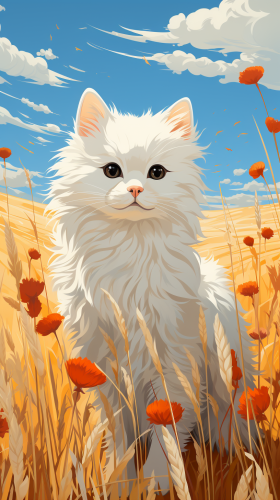 Minimal Illustration of Gray Cat in Wheat Field