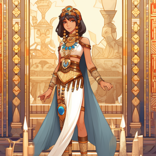 Anime character wearing grecian costume and holding necklace