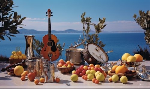 Surreal backyard swimming pool with fruit close-up