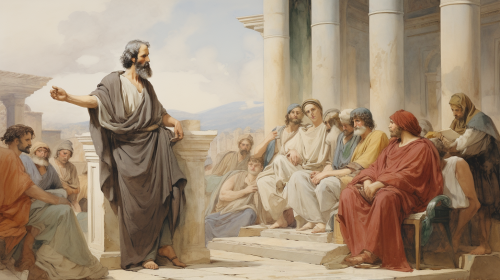 Greek philosopher giving colourful watercolour speech