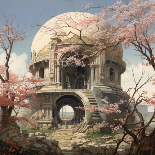 Weathered Greek Temple with Cell Division and Cherry Blossoms