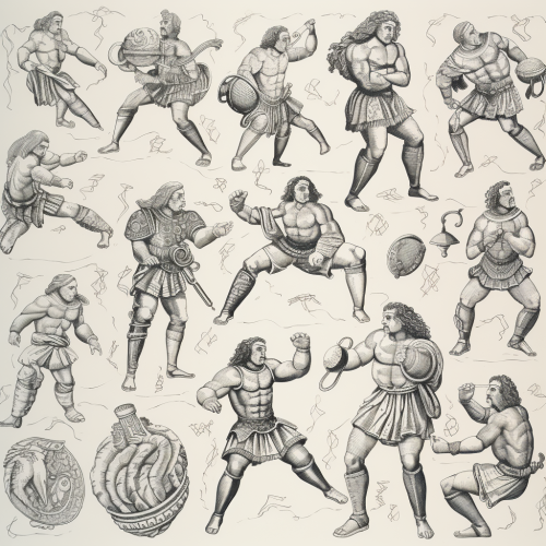 Greek statuary fighting in fine linen artwork