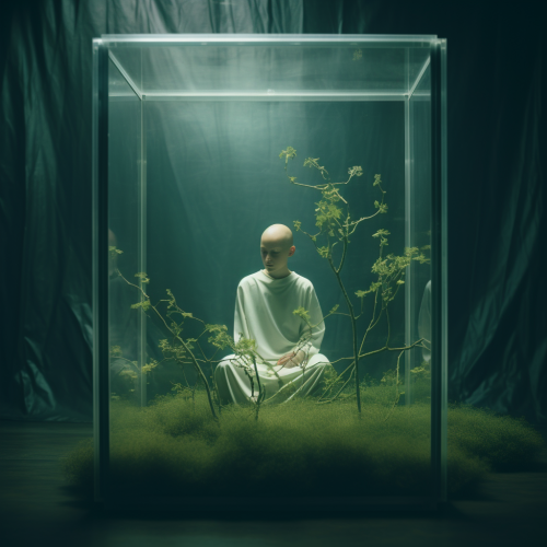 Bald kid meditating in green background