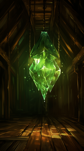 Mysterious Green Crystal in Wooden Ship Room Mysterious Green Crystal in Wooden Ship Room