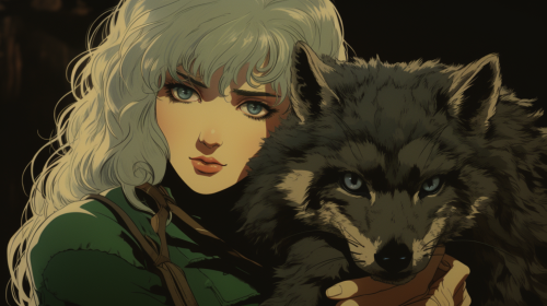 Anime woman with green eyes holding raccoon