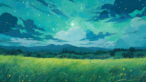 Green field with scattered clouds and stars Green field with scattered clouds and stars
