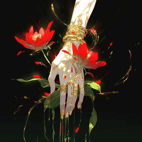 Green glass hands with golden gaps and red flower