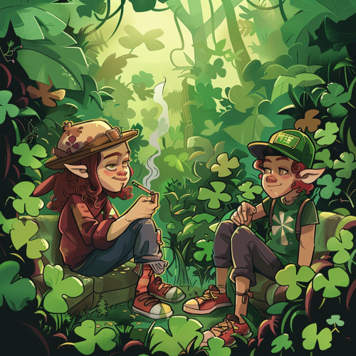 Two people in cartoon forest