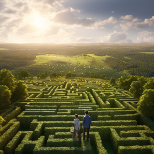 Friends exploring a green maze