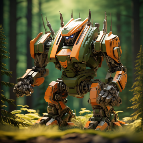 3D transformer in green and orange near trees and river