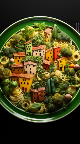 Plate of saucy green pasta Plate of saucy green pasta