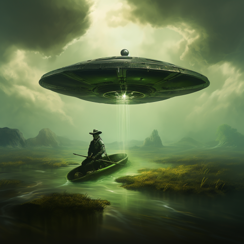 Elegant green UFO with black trench boat and silver staff