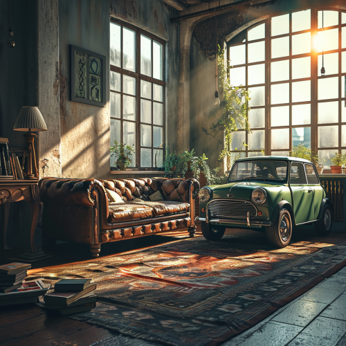 Stylish green vintage car in sunlit loft living room Stylish green vintage car in sunlit loft living room