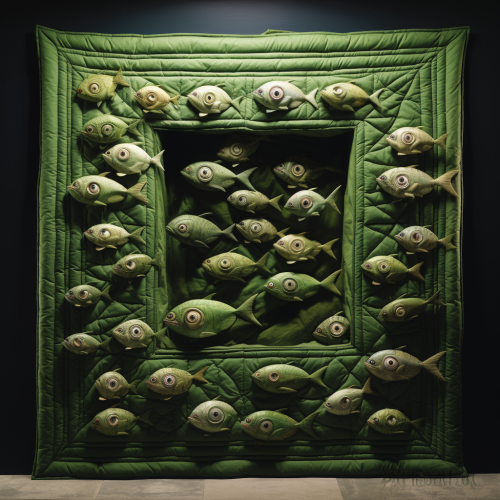 Quilt with adorable fish-headed babies peeking through a green window