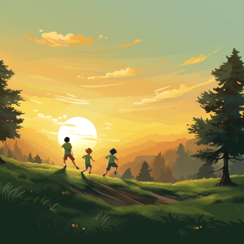Green Forests Sunset Children Running Green Forests Sunset Children Running